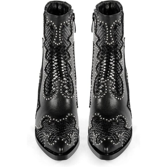 Women's Ankle Cowboy Rivet Studded Western Low Chunky Heel Almond Toe Short Boot - Picture 4 of 6